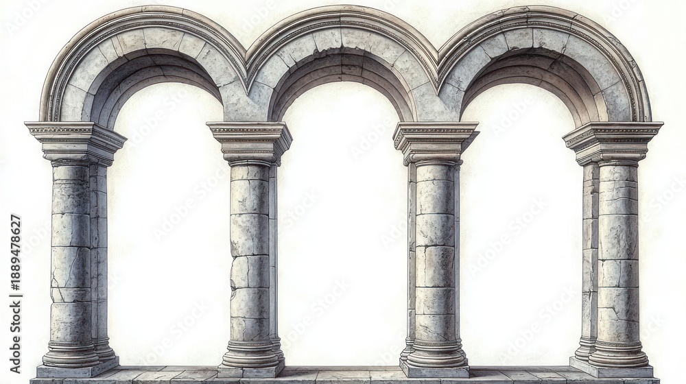 Naklejka premium Three large, weathered stone arches supported by robust columns with visible cracks standing on a tiled stone floor against a plain white background