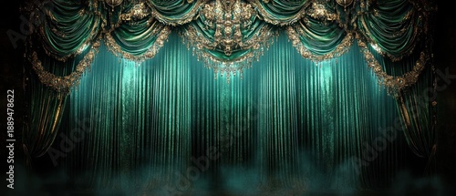 opulent emerald theater curtains with gold ornate swags and tassels, heavy velvet folds lit by spotlights and stage mist evoking dramatic anticipation