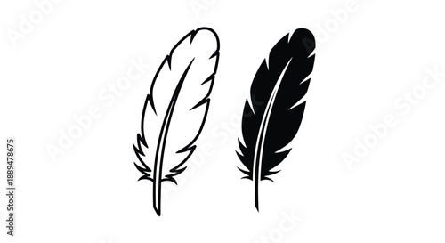 A simple illustration depicts two feathers one light and one dark against a plain white background