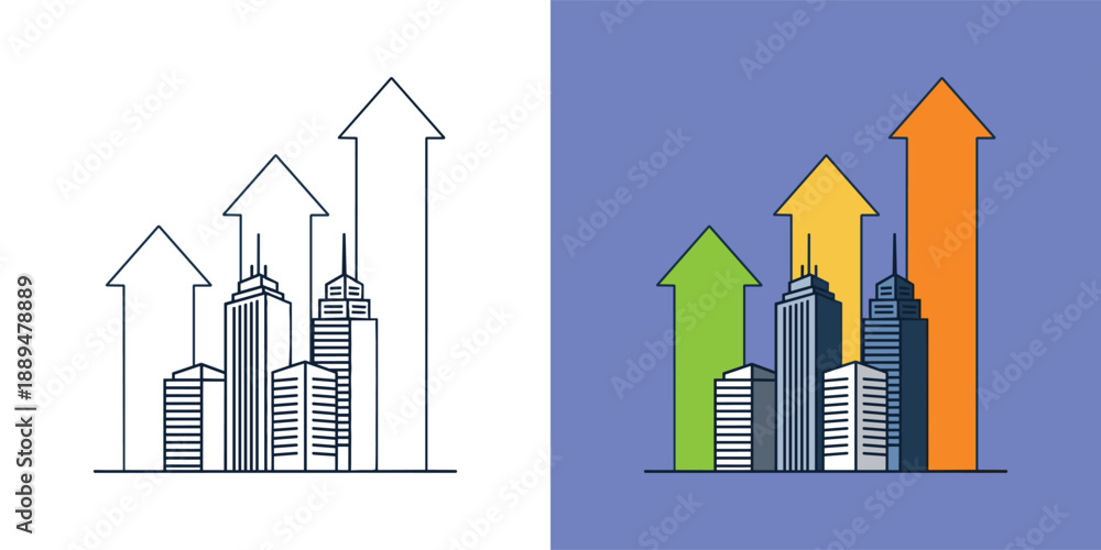 Fototapeta premium Cityscape illustrations depicting growth and progress with rising arrows and skyscrapers