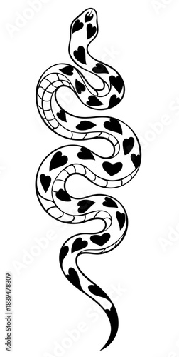 Snake with Heart Pattern. Romantic Valentine Animal, Love Decorated Snake Silhouette