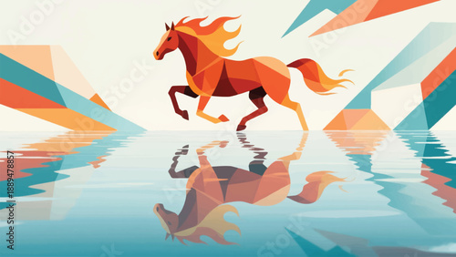 Illustration Of Fire Horse Running On Water Reflection Vector Design Template