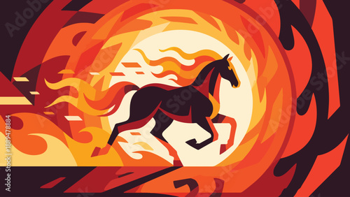 Illustration Of Fire Horse Running Through Abstract Flame Tunnel Vector Design Template
