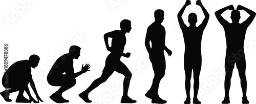Evolution of human movement silhouettes showing progression from crouching to standing poses, minimal black figures illustrating fitness, exercise, posture development, and physical activity concept