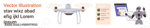 Robotics, automation, artificial intelligence, quadcopter delivery, digital work, task management. Illustrations of Quadcopter, checklist and robot. Robotics and automation in innovative tasks