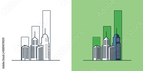 Modern cityscape illustration with skyscrapers and buildings in a simple line art style on contrasting backgrounds