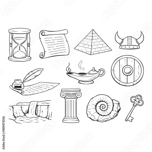 Historical and science symbols with ancient artifacts and physics concepts