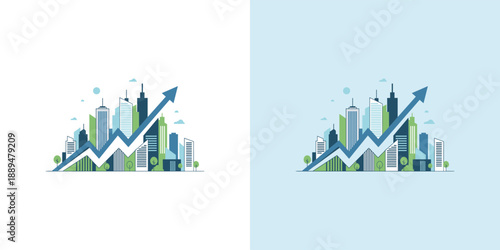 A stylized graphic of a cityscape with a rising graph arrow, symbolizing growth and progress in a modern urban environment from a straightforward viewpoint