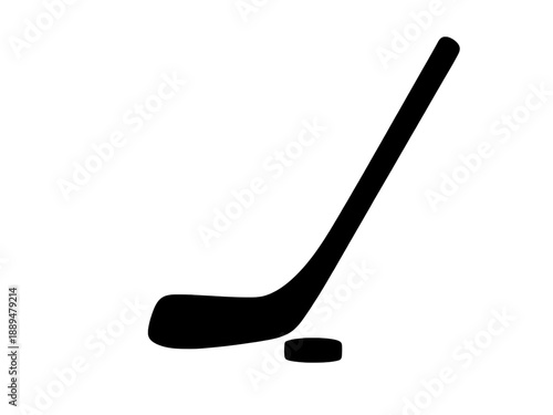 A professional ice hockey stick and puck graphic representing winter sports and competition. This clean minimalist silhouette is isolated on transparent background.