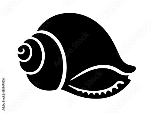 A minimalist black seashell silhouette featuring a spiral conch shell design. This flat vector illustration of a marine mollusk is isolated on transparent background.