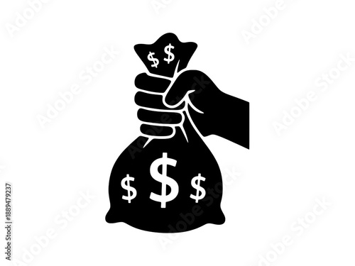 A hand holding a heavy money bag with dollar signs representing wealth and financial success. This bold black silhouette graphic is isolated on transparent background.