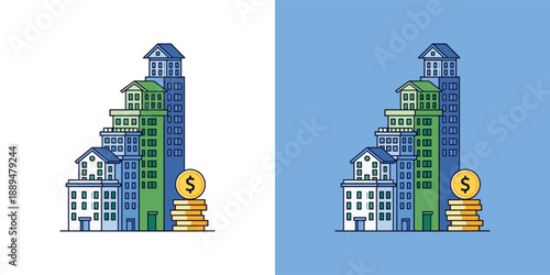 Cityscape illustration depicting financial growth with stacked coins and buildings from a front viewpoint