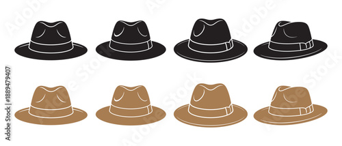 Fedora Hats Collection. Black and Brown Styles, Isolated on White Background.