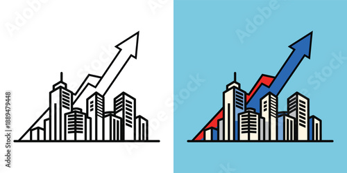 Urban landscape with rising graphs and skyscrapers illustrating business growth and economic trends in a modern cityscape