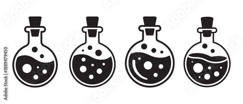 Set of Four Potion Bottles with Bubbles, Isolated on White Background.