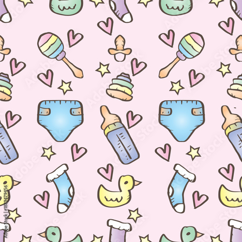 Seamless pattern with cute hand drawn baby elements. Vector illustration. Colorful background.