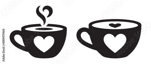 Coffee Cups with Hearts, One Steaming, Isolated on White Background.