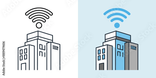 Modern building with wireless connectivity signal emitting from the top, representing technology and communication advancements in a urban setting