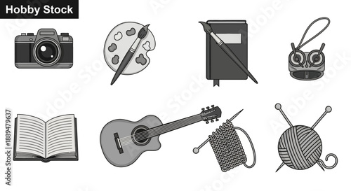 Hobby and Craft Activity Icons Collection, Isolated White Background.