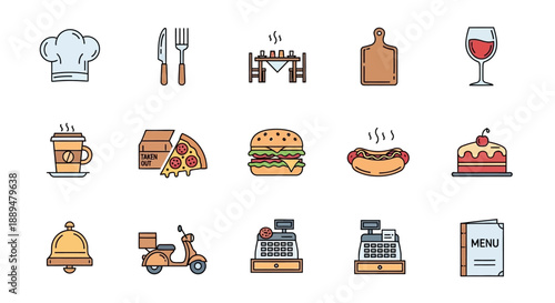Food and Restaurant Service Icons Set, Isolated White Background.