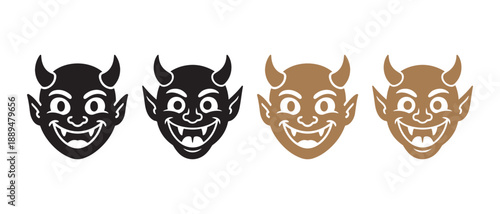 Set of Devil Faces, Black and Tan, Isolated on White Background.