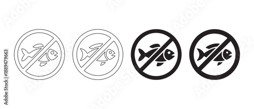 No Fishing Allowed Sign Set Icons, Silhouette, Isolated on White Background.