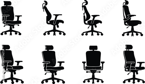 Office chair silhouettes collection, ergonomic swivel seats, modern workplace furniture, adjustable computer chairs, black minimalist vector illustration set