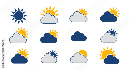 Flat Design Weather Forecast and Climate Condition Icons on Isolated White Background