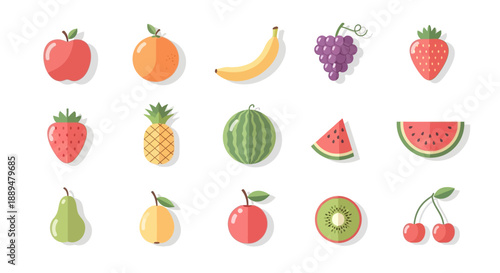 Flat Design Healthy Fruits Collection Icons on Isolated White Background