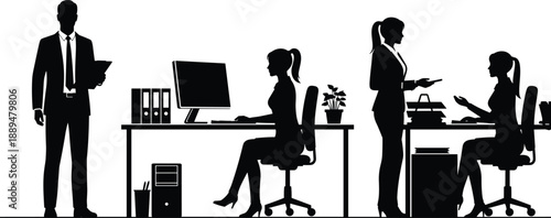 Office work silhouettes scene, business people teamwork, professional workspace activities, corporate employees collaboration, modern office interior, management concept illustration