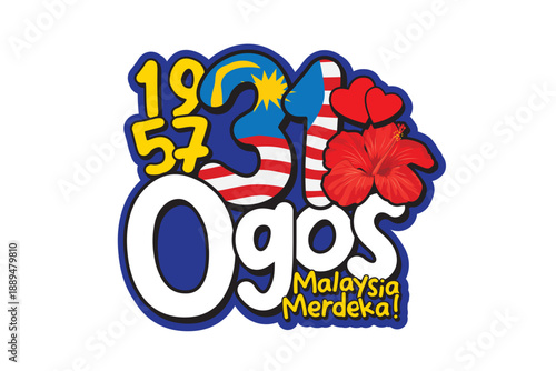 Malaysia Independence Day typography featuring hibiscus flower and national flag elements, celebrating Merdeka, heritage, and patriotic spirit.