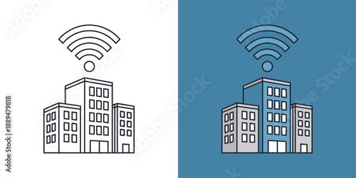 Illustration of buildings with WiFi signal emanating from the top, showcasing modern connectivity and technology in urban architecture from a straightforward viewpoint