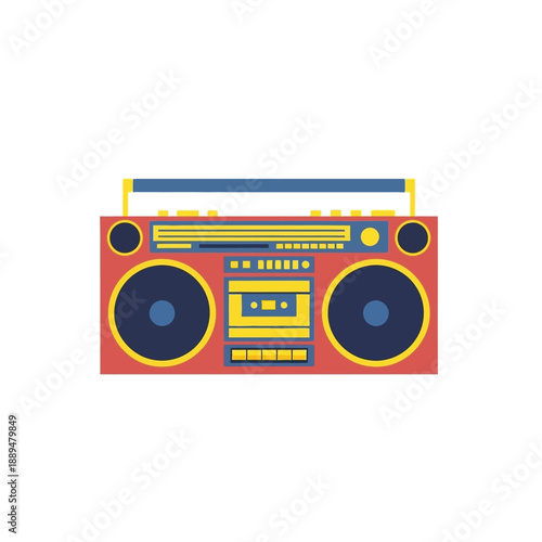 Vibrant illustration of a retro boombox with prominent speakers and cassette player on a clean white background