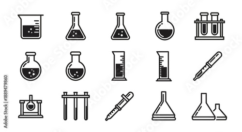 Outline set of laboratory and chemistry glassware icons, depicting science experiment tools on an isolated white background.