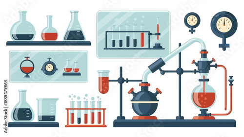 Comprehensive collection of scientific laboratory equipment for chemistry experiments