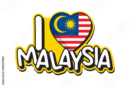 Bold I Love Malaysia typography with heart-shaped Malaysian flag, perfect for Independence Day, patriotic designs, and national celebrations.