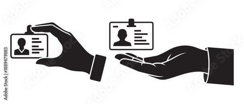 Handing Over ID Card, Transferring Identity, Silhouette Icon Isolated on White Background.