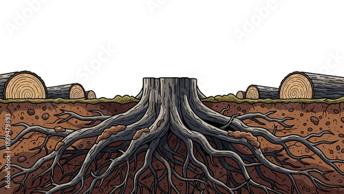 Underground view of a tree stump with intricate roots and cut logs, illustrating deforestation.