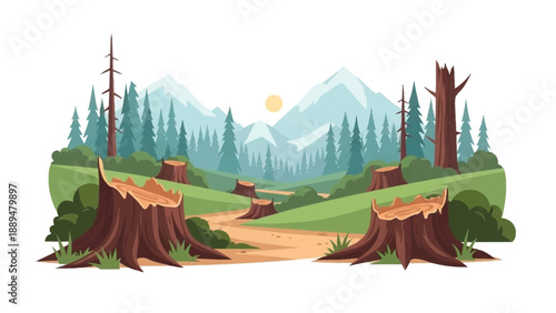 Deforestation in a mountainous forest landscape with tree stumps and a winding path vector illustration