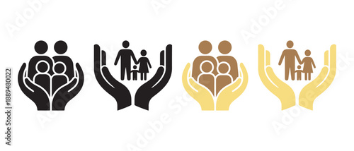 Family Protection Icons Set, Parents With Children Hands Cupped, Isolated on White Background.