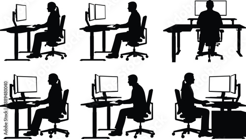 Office workers sitting at desk using computer, male female silhouettes, workplace technology, remote work, business professional illustration