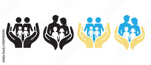 Family Silhouette Icons Protection Caring Hands, Isolated on White Background.