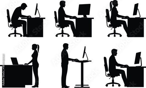 Office,ergonomics,posture,comparison,computer,workers,silhouette,desk,workstation,health,productivity,sitting,standing,workplace,technology,people,illustration,vector,design,concept