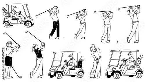 Line art illustrations depicting various golf activities, including players swinging clubs, putting, and riding in golf carts.
