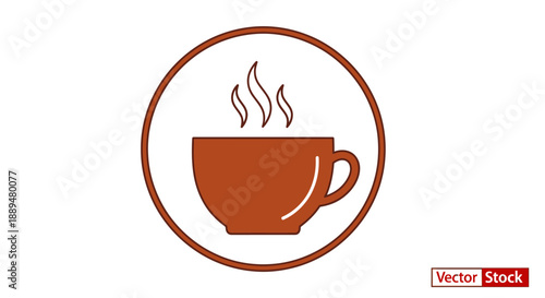 Steaming Hot Coffee Cup Icon with Brown Circle Frame on Isolated White Background, Warm Beverage Symbol Vector Illustration, Cafe Drink Pictogram