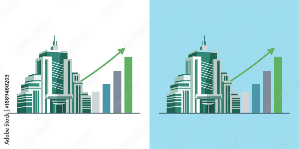 Fototapeta premium Cityscape Illustration Featuring Modern Buildings and Rising Financial Graphs in a Dual-Colored Background