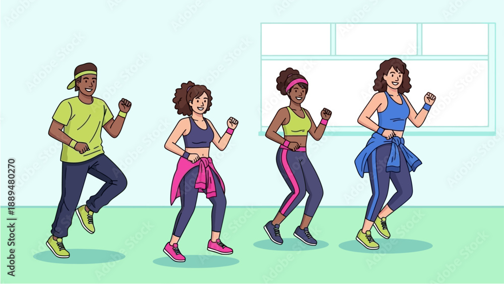 Obraz premium Four diverse people smiling and exercising together in a fitness class, wearing athletic attire and headbands, moving in unison.