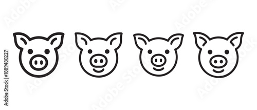 Cute Pig Faces Line Art Icons. Isolated on White Background.