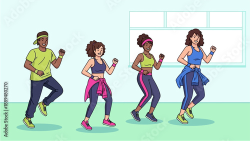 Four diverse people smiling and exercising together in a fitness class, wearing athletic attire and headbands, moving in unison.