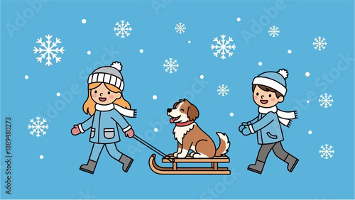 A boy and a girl pulling a happy dog on a sled in a snowy winter landscape with falling snowflakes.